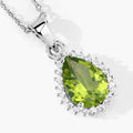 1.46 Ct pear green Peridot and Lab Diamond prong Silver Halo teardrop pendant Necklace by Fine Color Jewels