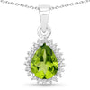 1.46 Ct pear green Peridot and Lab Diamond prong Silver Halo teardrop pendant Necklace