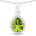 1.46 Ct pear green Peridot and Lab Diamond prong Silver Halo teardrop pendant Necklace by Fine Color Jewels