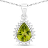 1.46 Ct Pear Green Peridot Lab Diamond Prong Silver Halo Teardrop Pendant Necklace