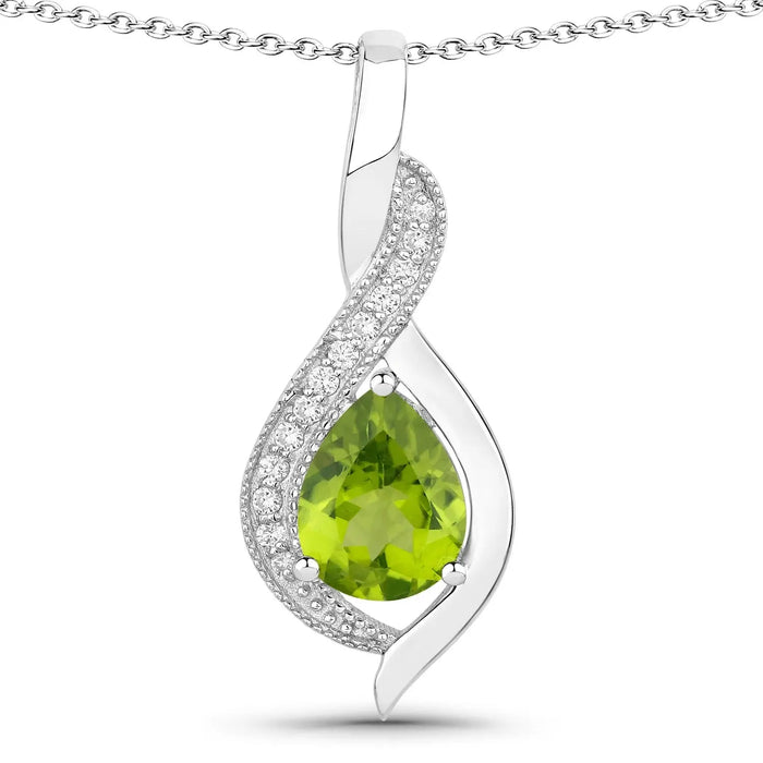 1.46 Ct Pear Green Peridot & Lab Diamond Prong Silver Teardrop Crossover Pendant Necklace by Fine Color Jewels