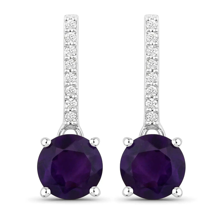 1.46 Ct Round Purple Amethyst & Lab Diamond Prong Silver Dangle Earrings by Fine Color Jewels