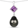 1.5 Ct Square Purple Amethyst & Tahitian Pearl Bezel Silver Drop Pendant Necklace