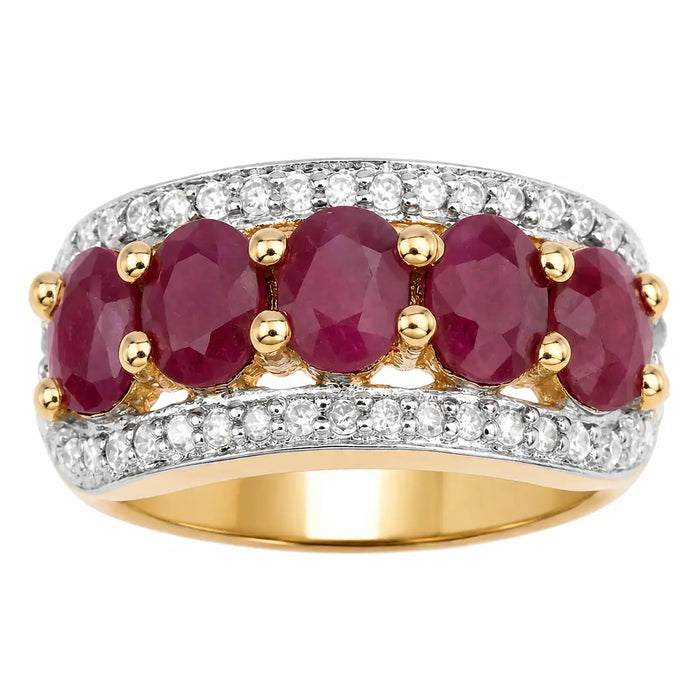 1.50 Ct Oval Pink Ruby & Diamond Prong Silver Five Stone Halo Ring by Fine Color Jewels