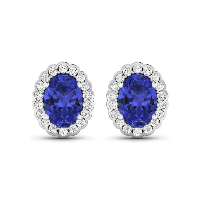 1.50 Ct Oval Violet Tanzanite & Diamond Prong 14K Gold Halo Stud Earrings by Fine Color Jewels