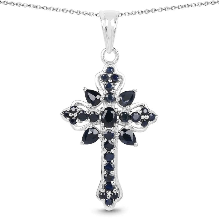 1.52 Ct Blue Sapphire Prong Silver Cross Pendant Necklace by Fine Color Jewels