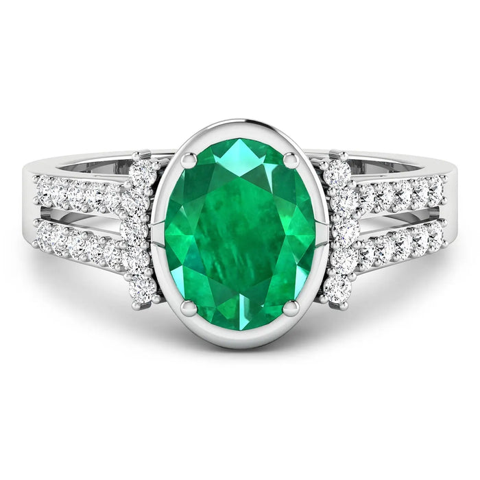 1.53 Ct Oval Green Zambian Emerald & Diamond Prong 14K Gold Bridge Ring by Fine Color Jewels