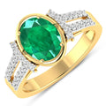 1.53 Ct Oval Green Zambian Emerald & Diamond Prong 14K Gold Bridge Ring by Fine Color Jewels