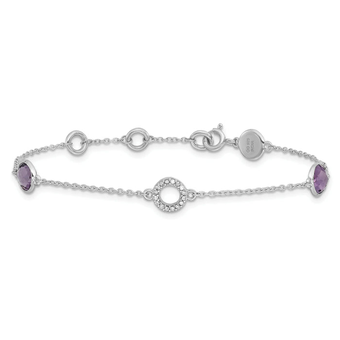 1.55 Ct Round Purple Amethyst & Diamond Bezel Sterling Silver Circle Station Chain Bracelet by Fine Color Jewels