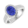 1.56 Ct Oval Violet Tanzanite and White Diamond Prong 14k Gold Halo Pave Bridge Engagement ring by Fine Color Jewels
