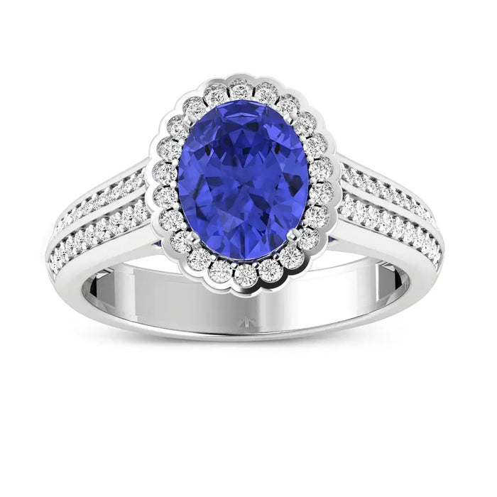 1.56 Ct Oval Violet Tanzanite and White Diamond Prong 14k Gold Halo Pave Bridge Engagement ring by Fine Color Jewels