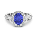 1.56 Ct Oval Violet Tanzanite and White Diamond Prong 14k Gold Halo Pave Bridge Engagement ring by Fine Color Jewels