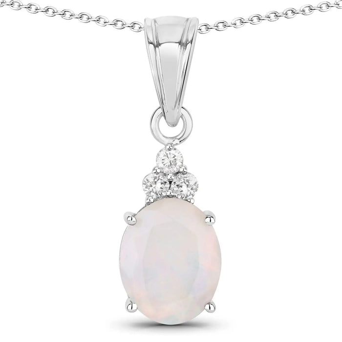 1.56 Ct oval white Ethiopian Opal and Lab Diamond prong Silver Cocktail pendant Necklace by Fine Color Jewels