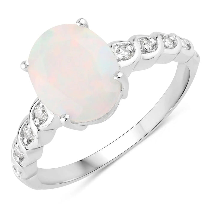 1.56 Ct Oval White Ethiopian Opal and Lab Diamond Prong Silver Bridge Ring by Fine Color Jewels
