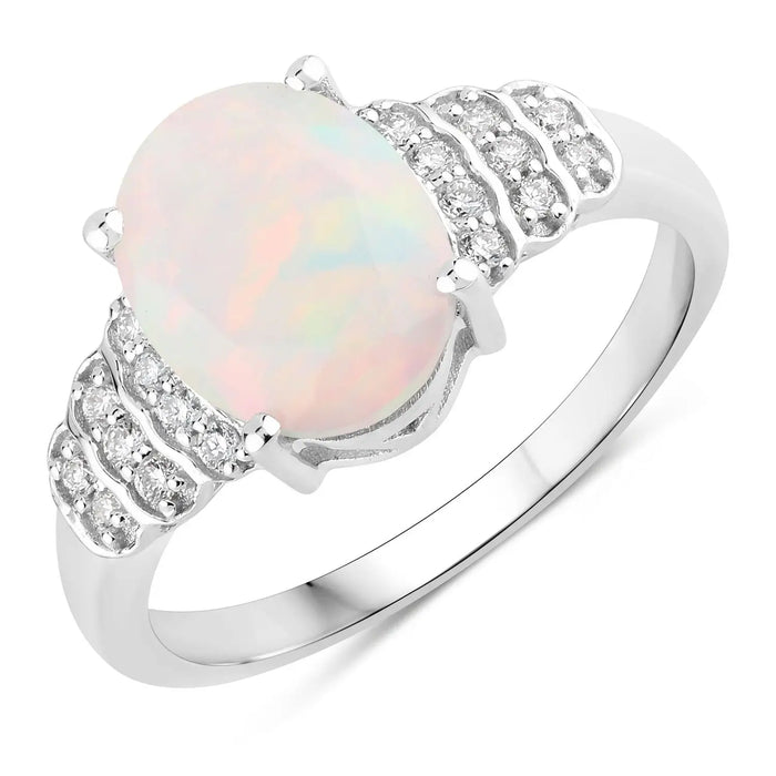 1.56 Ct Oval White Ethiopian Opal & Lab Diamond Prong Silver Bridge Ring by Fine Color Jewels