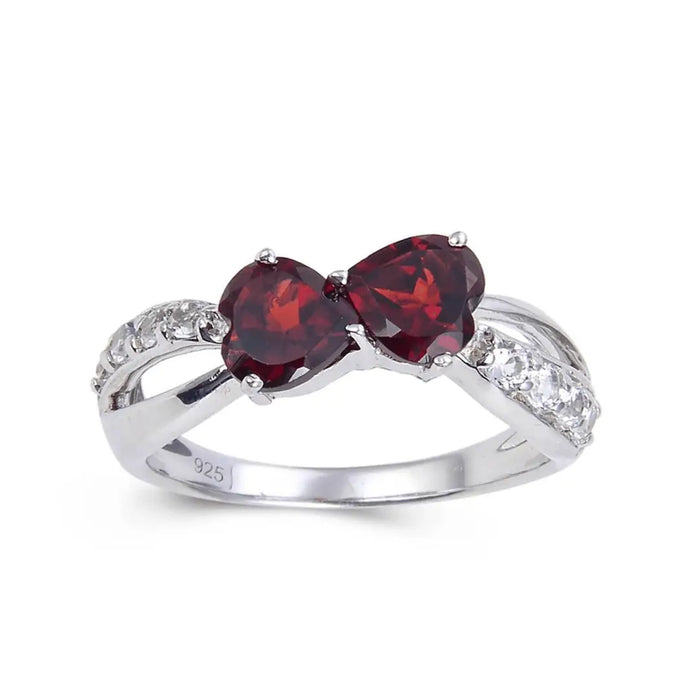 1.58 Ct Heart Dark Red Garnet and White Topaz Prong Silver Dual Heart Promise Ring by Fine Color Jewels