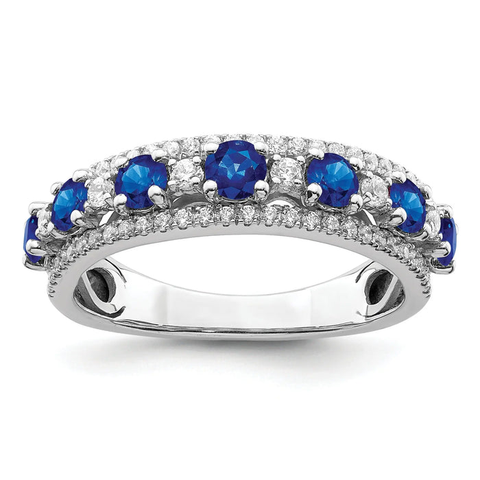 1.58 Ct Round Blue Sapphire & Diamond Prong 14K White Gold Statement Band Ring by Fine Color Jewels