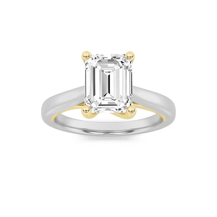 1.5Cttw Emerald Shaped Lab Grown Diamond Two Tone Cathedral Shank Engagement Solitaire Ring 14K Gold by Fine Color Jewels