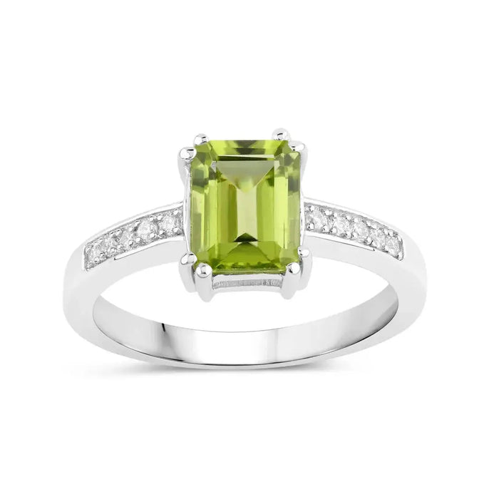1.60 Ct Octagon Green Peridot and Lab Diamond Prong Silver Pave Bridge Ring by Fine Color Jewels