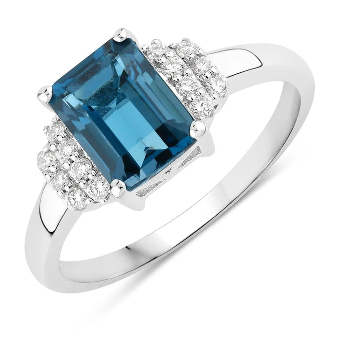1.60 Ct Octagon London Blue Topaz and Lab Diamond Prong Silver Cocktail Ring by Fine Color Jewels