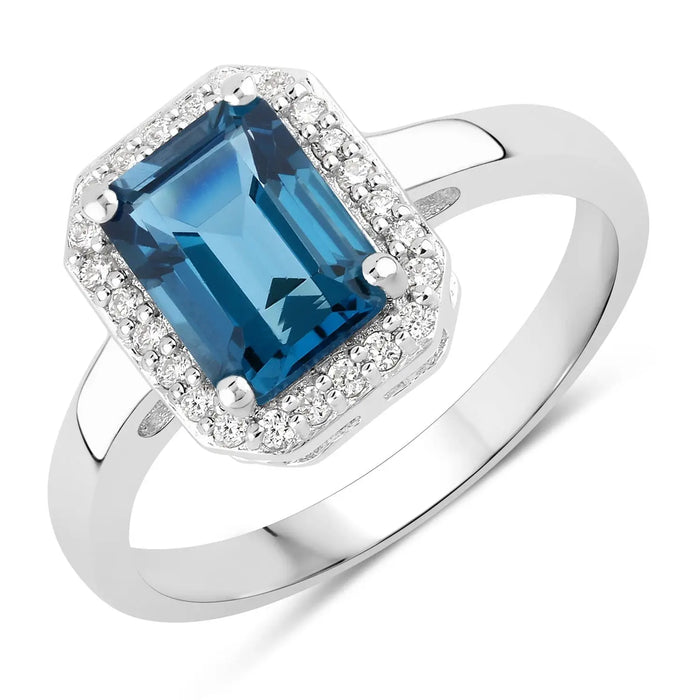 1.60 Ct Octagon London Blue Topaz and Lab Diamond Prong Silver Halo Ring by Fine Color Jewels