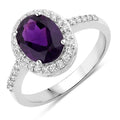 1.60 Ct Oval Purple Amethyst and Lab Diamond Prong Silver Halo Pave Ring by Fine Color Jewels
