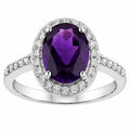 1.60 Ct Oval Purple Amethyst and Lab Diamond Prong Silver Halo Pave Ring by Fine Color Jewels