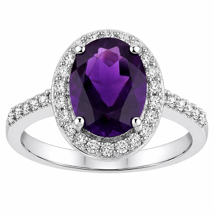 1.60 Ct Oval Purple Amethyst and Lab Diamond Prong Silver Halo Pave Ring by Fine Color Jewels