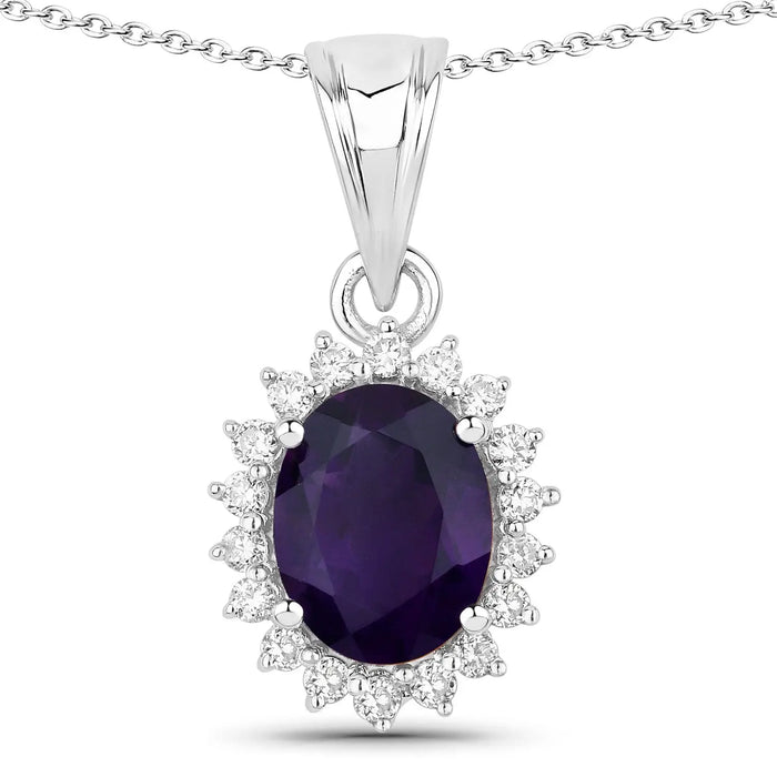 1.60 Ct Oval Purple Amethyst & Lab Diamond Prong Silver Halo Pendant Necklace by Fine Color Jewels