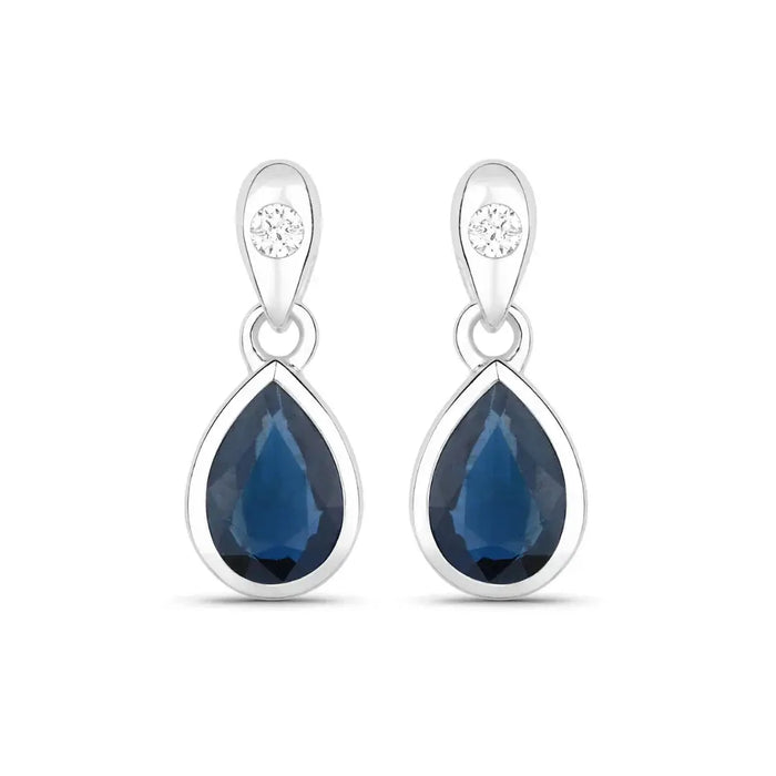 1.60 Ct Pear Blue Sapphire & Diamond Bezel 10K Gold Dangle Earrings by Fine Color Jewels