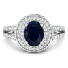 1.64 Ct Oval Blue Sapphire and White Diamond Prong 14k Gold Halo Pave Statement Ring