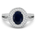 1.64 Ct Oval Blue Sapphire and White Diamond Prong 14k Gold Halo Pave Statement Ring by Fine Color Jewels
