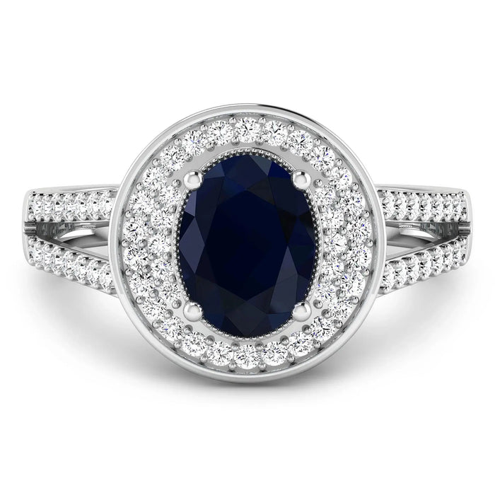 1.64 Ct Oval Blue Sapphire and White Diamond Prong 14k Gold Halo Pave Statement Ring by Fine Color Jewels