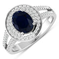 1.64 Ct Oval Blue Sapphire and White Diamond Prong 14k Gold Halo Pave Statement Ring by Fine Color Jewels