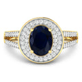 1.64 Ct Oval Blue Sapphire and White Diamond Prong 14k Gold Halo Pave Statement Ring by Fine Color Jewels