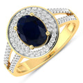 1.64 Ct Oval Blue Sapphire and White Diamond Prong 14k Gold Halo Pave Statement Ring by Fine Color Jewels