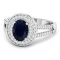 1.64 Ct Oval Blue Sapphire and White Diamond Prong 14k Gold Halo Pave Statement Ring by Fine Color Jewels