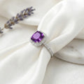 1.65 Ct Cushion Purple Amethyst and Moissanite Prong Silver Halo Cocktail Ring by Fine Color Jewels
