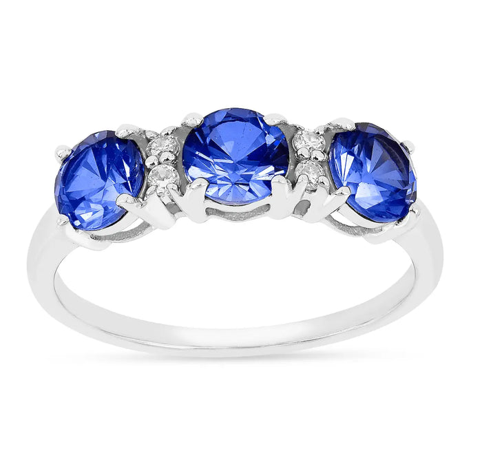 1.65 Ct Round Created Ceylon Blue Sapphire Prong Silver Three Stone Ring by Fine Color Jewels