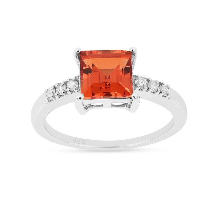 1.65 Ct Square Lab Created Peach Sapphire and Moissanite Prong Silver Cocktail Ring by Fine Color Jewels