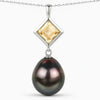 1.65 Ct Square Yellow Citrine Tahitian Pearl Bezel Silver Teardrop Pendant Necklace