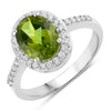 1.70 Ct Oval Green Peridot and Lab Diamond Prong Silver Halo Pave Ring