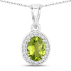 1.70 Ct Oval Green Peridot and Lab Diamond Prong Silver Halo Pendant Necklace