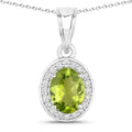 1.70 Ct Oval Green Peridot and Lab Diamond Prong Silver Halo Pendant Necklace by Fine Color Jewels