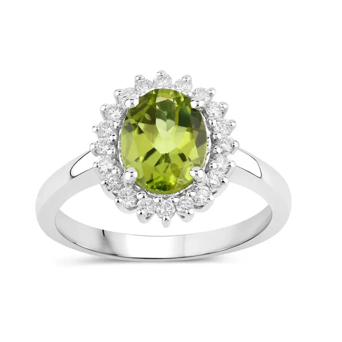 1.70 Ct Oval Green Peridot and Lab Diamond Prong Silver Halo Ring by Fine Color Jewels