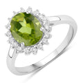 1.70 Ct Oval Green Peridot and Lab Diamond Prong Silver Halo Ring by Fine Color Jewels