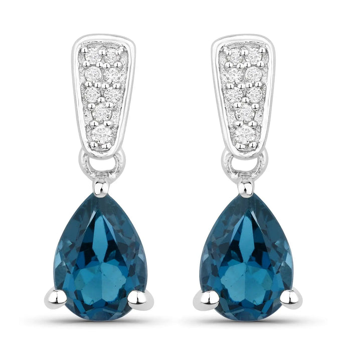 1.70 Ct Pear Deep Blue London Blue Topaz & Diamond Prong Silver Teardrop Dangle Earrings by Fine Color Jewels