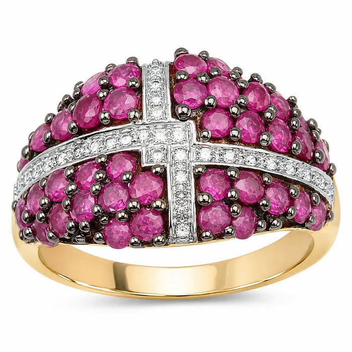 1.70 Ct Round Pink Ruby Prong 14K Yellow Gold Plated Silver Cluster Ring by Fine Color Jewels