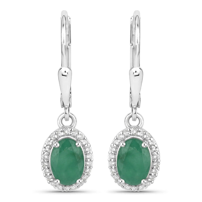 1.72 Ct Oval Green Emerald Prong Silver Halo Dangle Lever Back Earrings by Fine Color Jewels