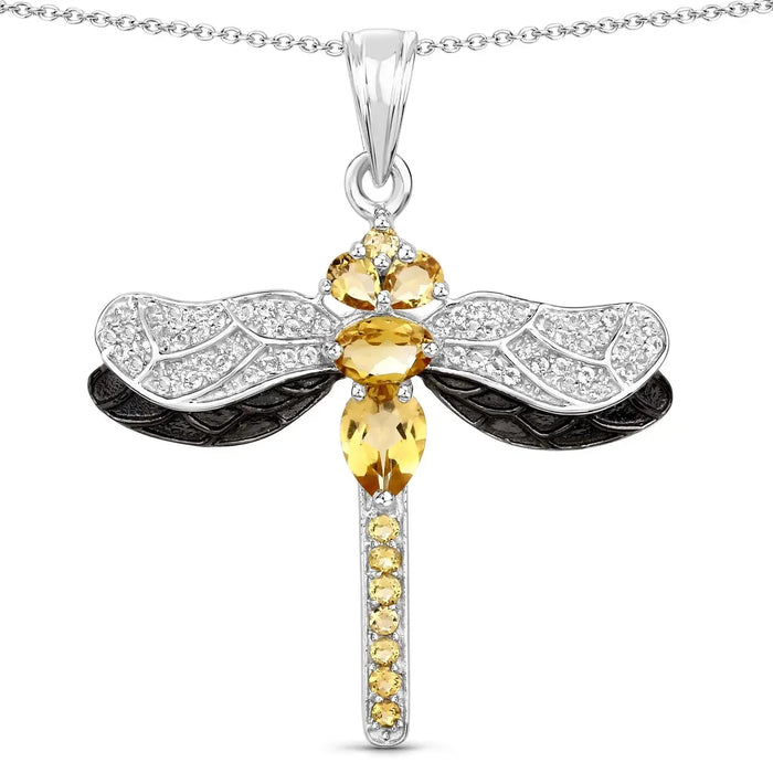 1.79 Ct Yellow Citrine Prong Sterling Silver Dragonfly Pendant Cable Chain Necklace by Fine Color Jewels